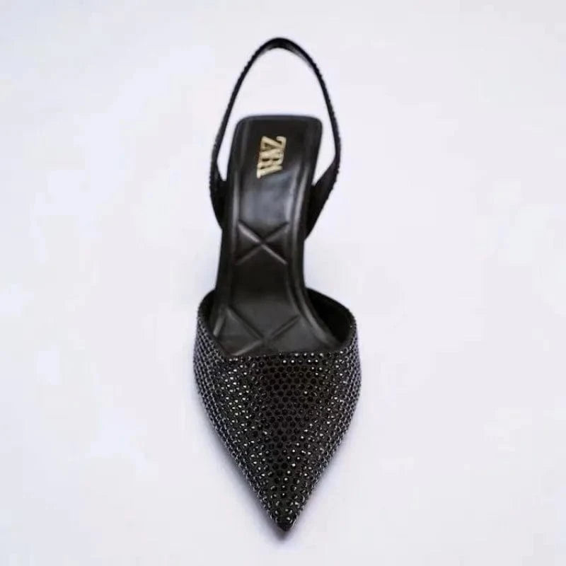 Rhinestone Slingback High Heel Pumps Black - Fashorio