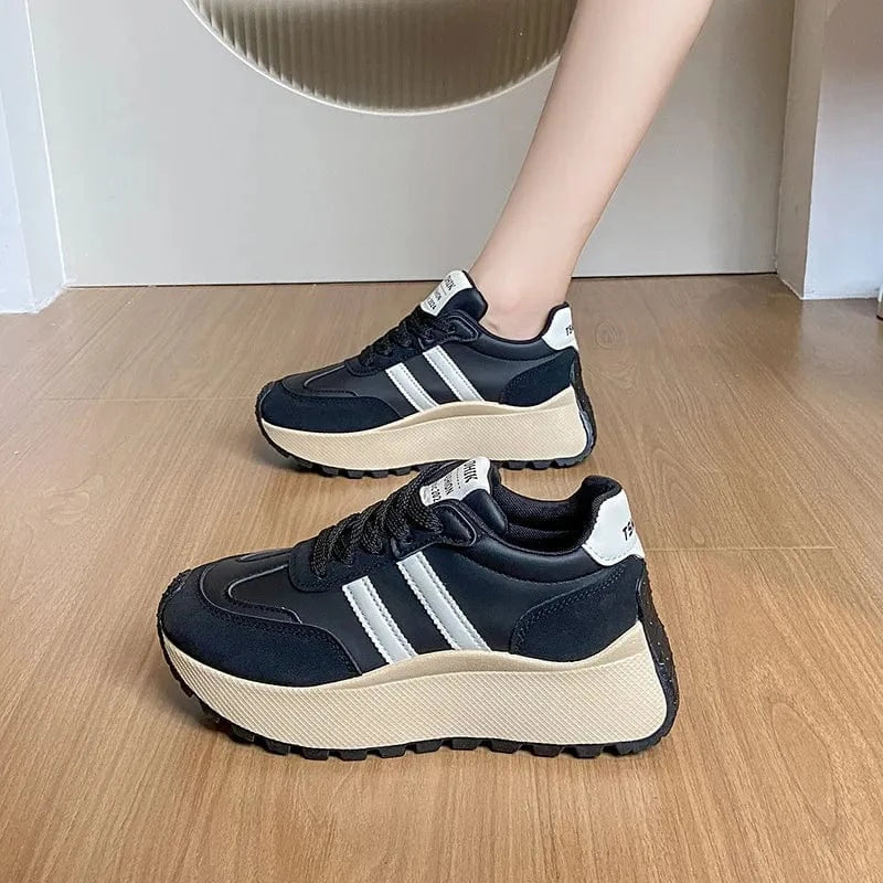 Side Striped Lace Up Platform Athletic Sneakers Black - Fashorio