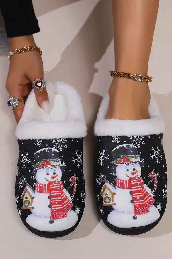 Snowman Round Toe Faux Fur Slippers Black - Fashorio