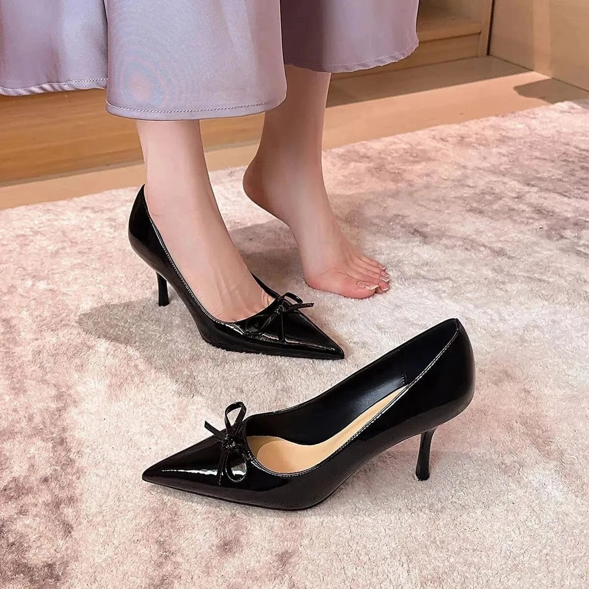 Bow Detail Point Toe Pumps Black - Fashorio
