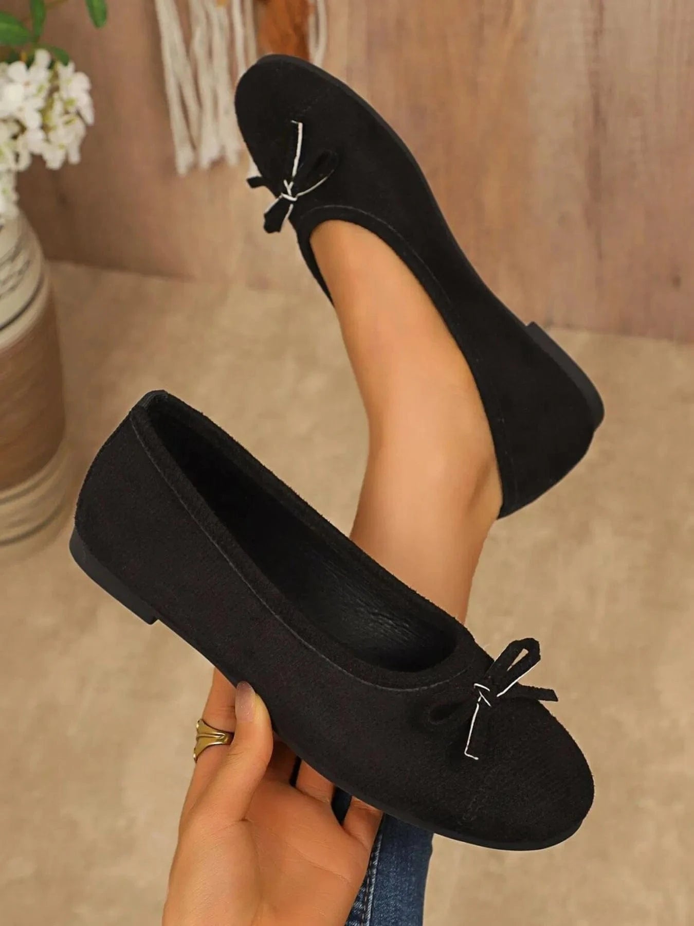 Bow-Detail Slip-On Loafers Black - Fashorio