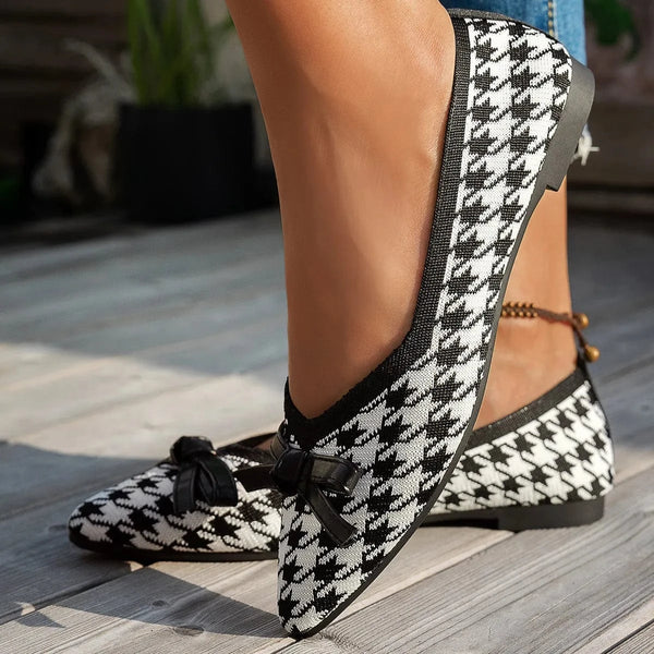 Houndstooth Point Toe Flats Slip-Ons Black - Fashorio