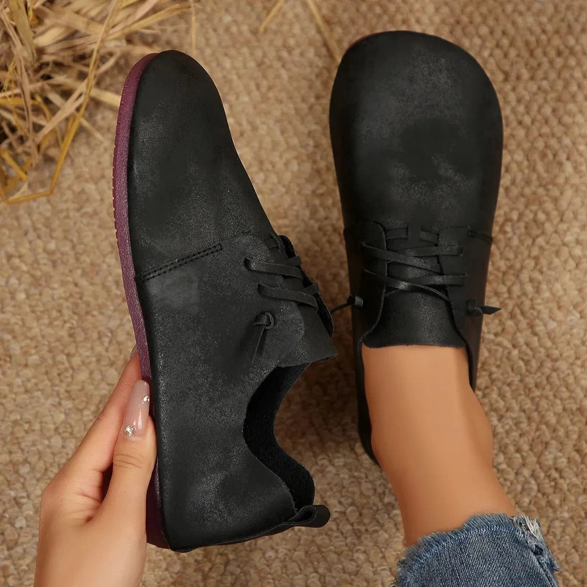 Lace-Up Flats Loafers Black - Fashorio