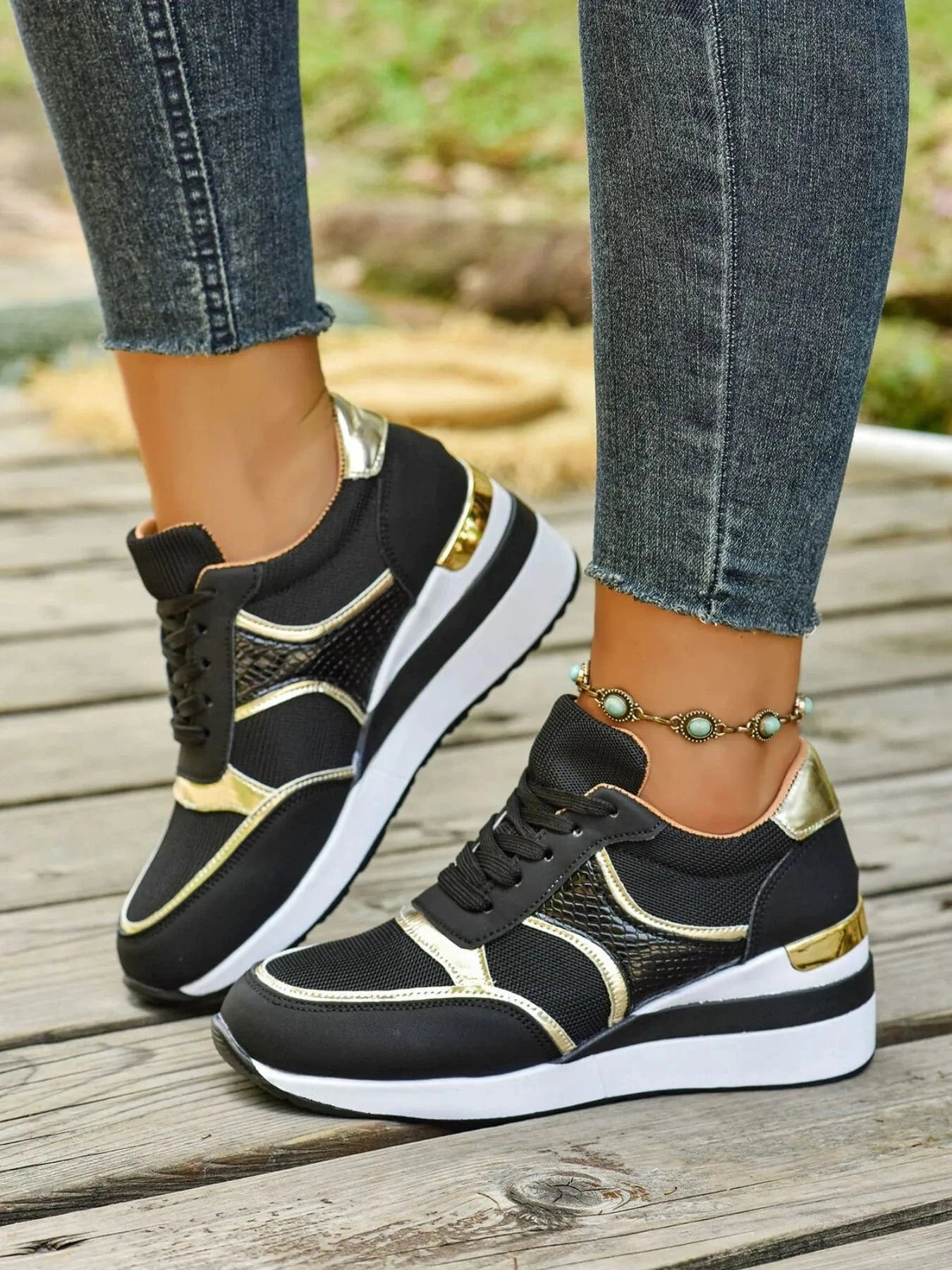 Lace Up Wedge Sneakers Black - Fashorio