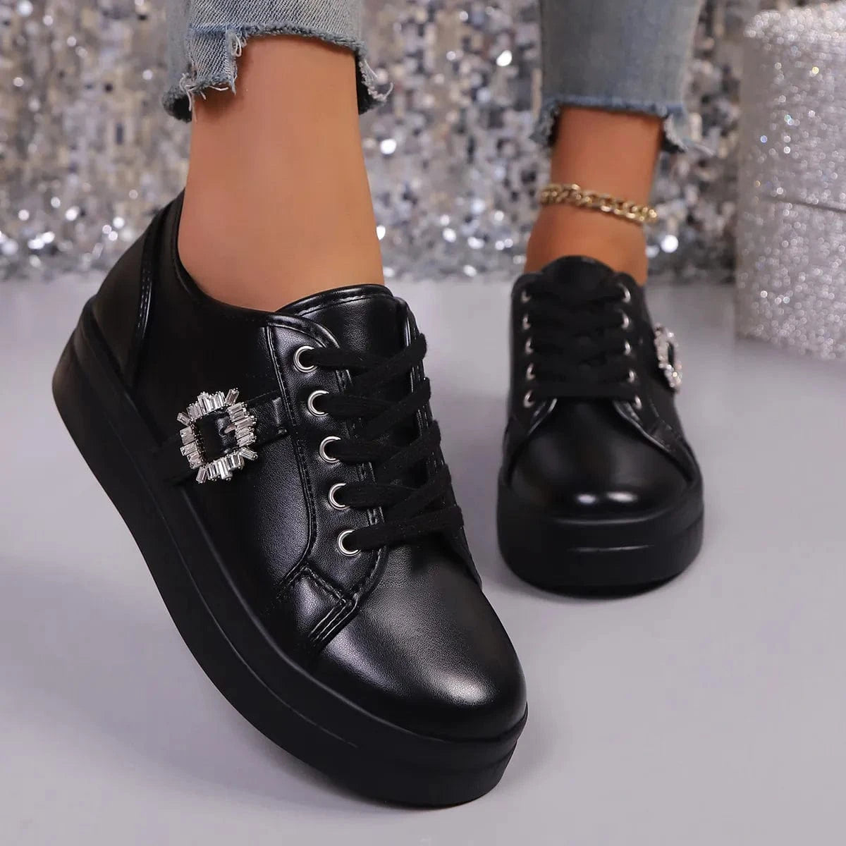 Rhinestone Embellishment Platform Sneakers Black - Fashorio
