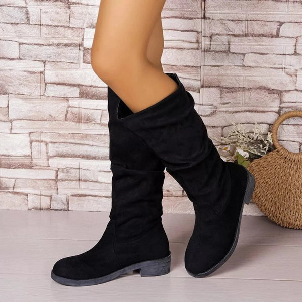 Round Toe Block Heels Boots Black - Fashorio