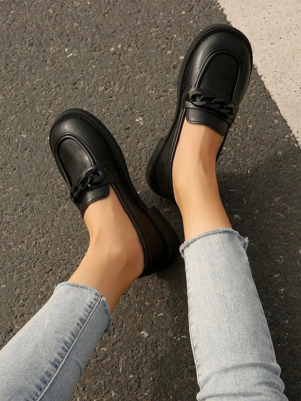 Round Toe Flats Loafers Black - Fashorio