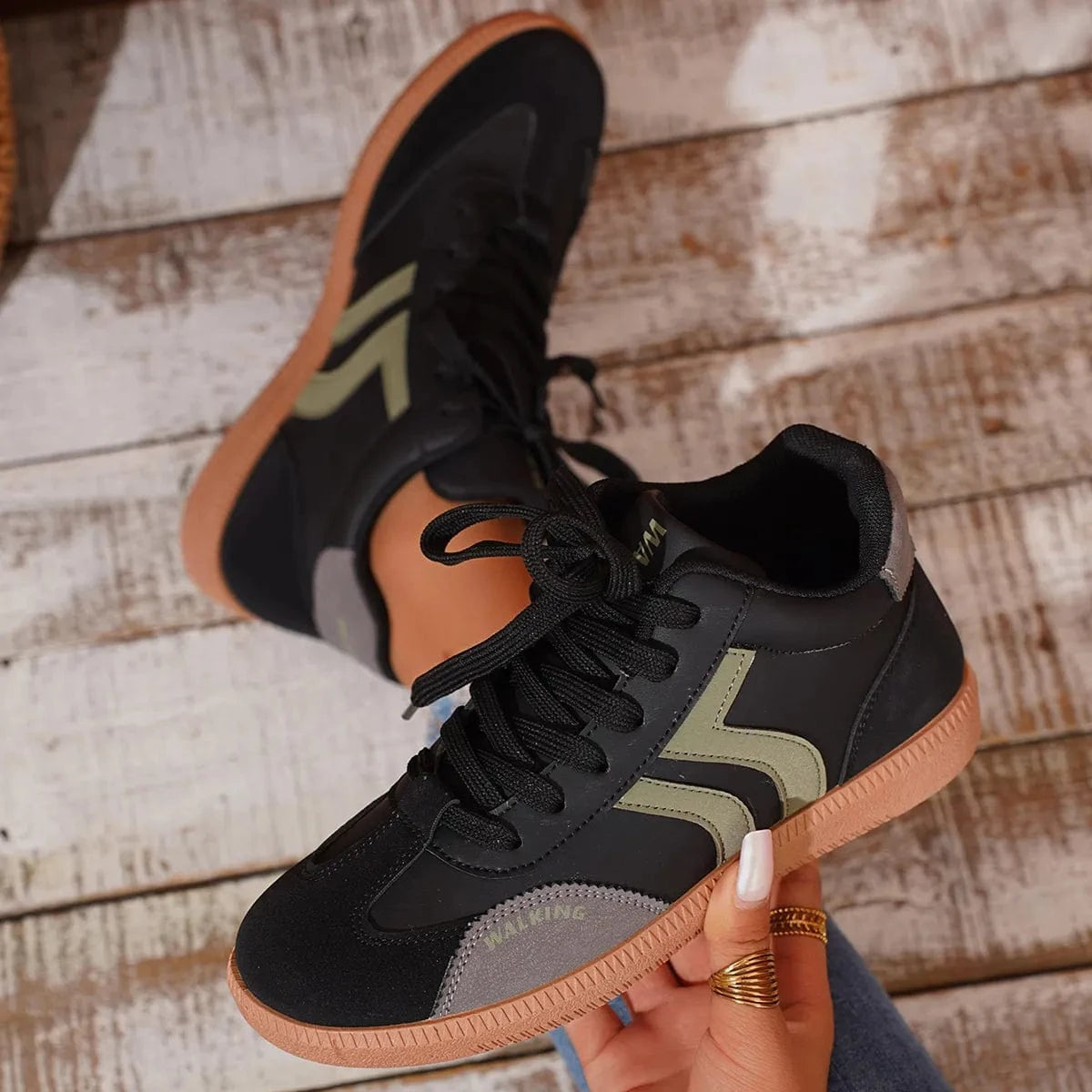 Round Toe Lace Up Sneakers Black - Fashorio