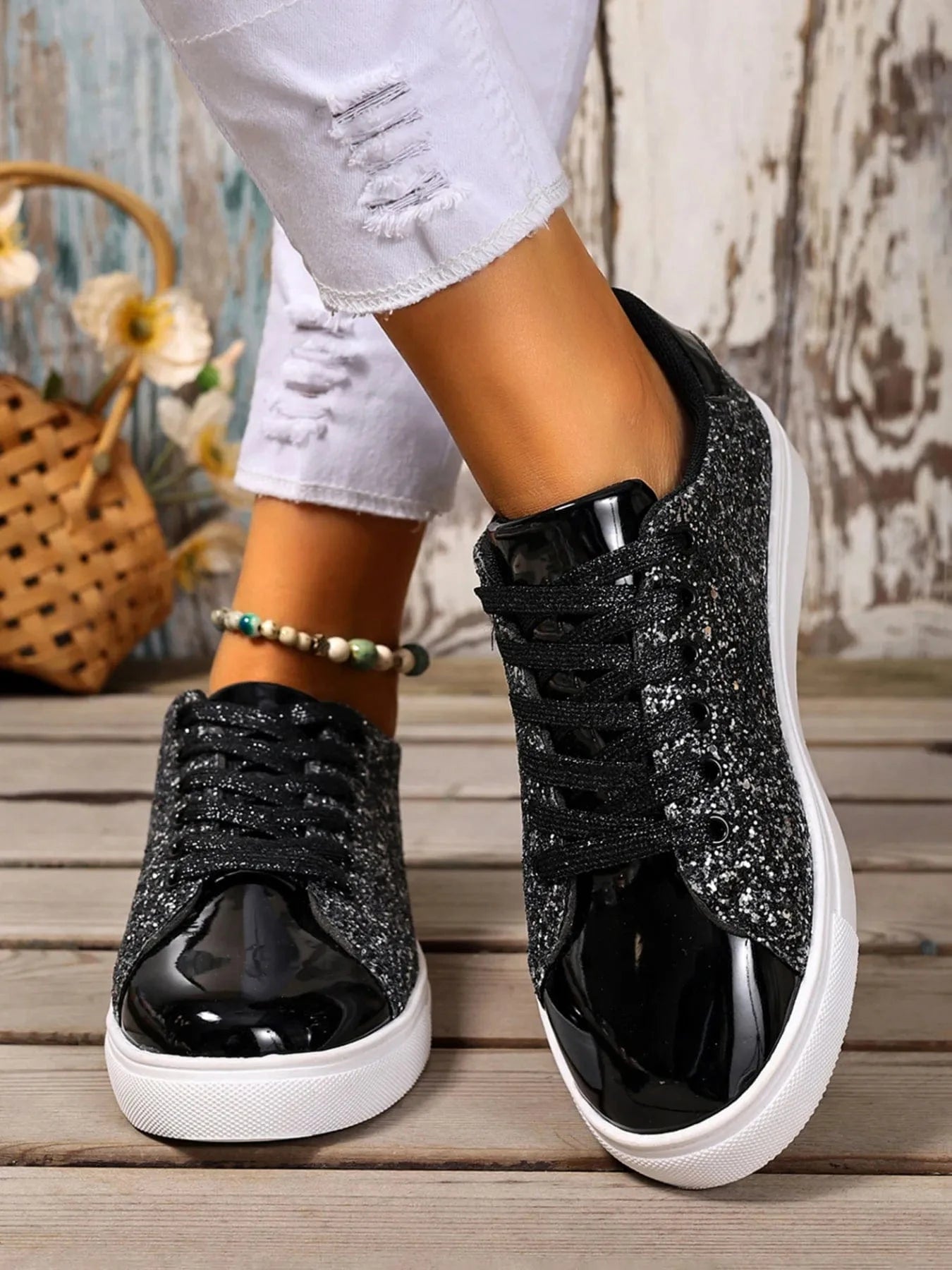 Sequin Lace Up Sneakers Black - Fashorio