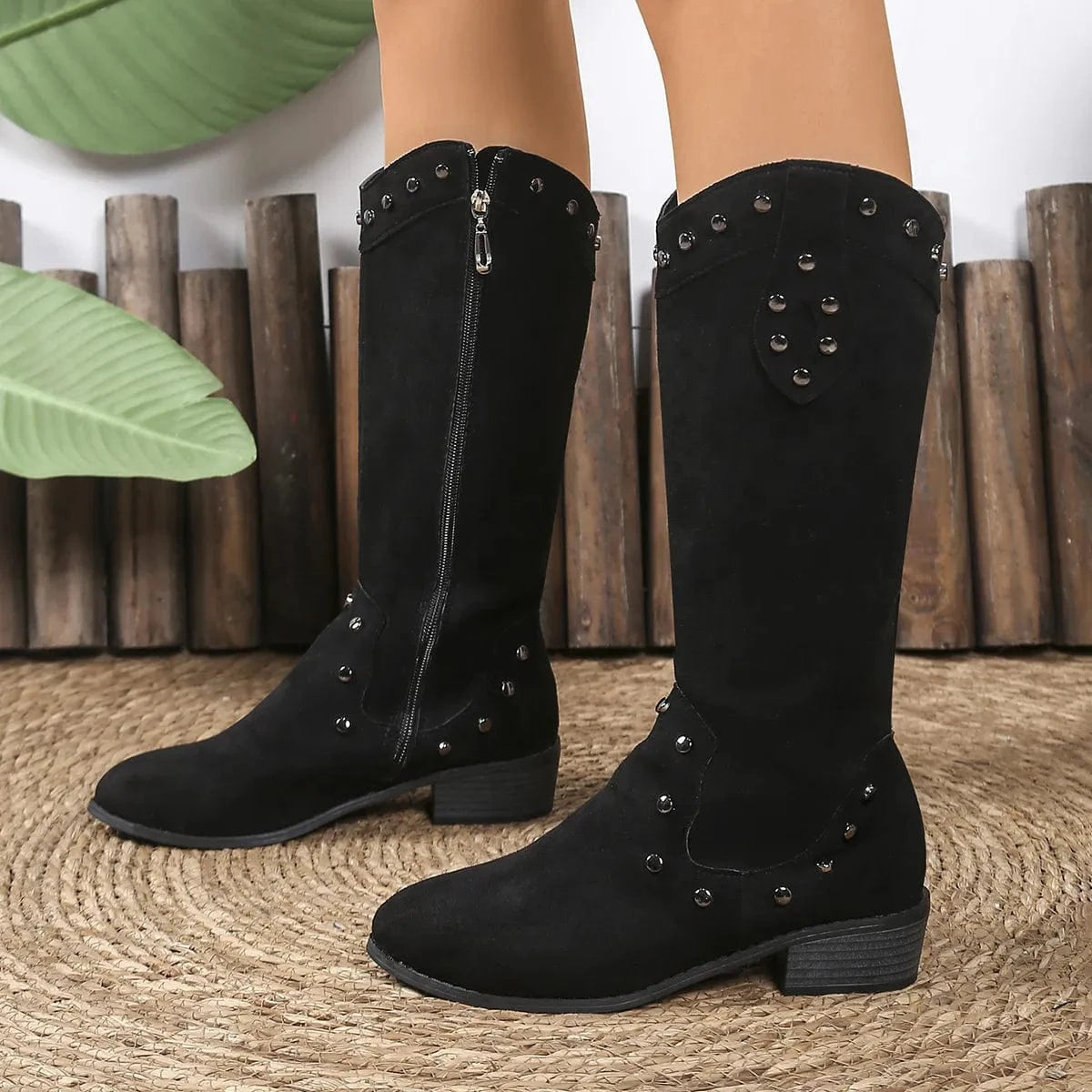 Studded Mid-Calf Boots with Side Zipper Closure Black - Fashorio