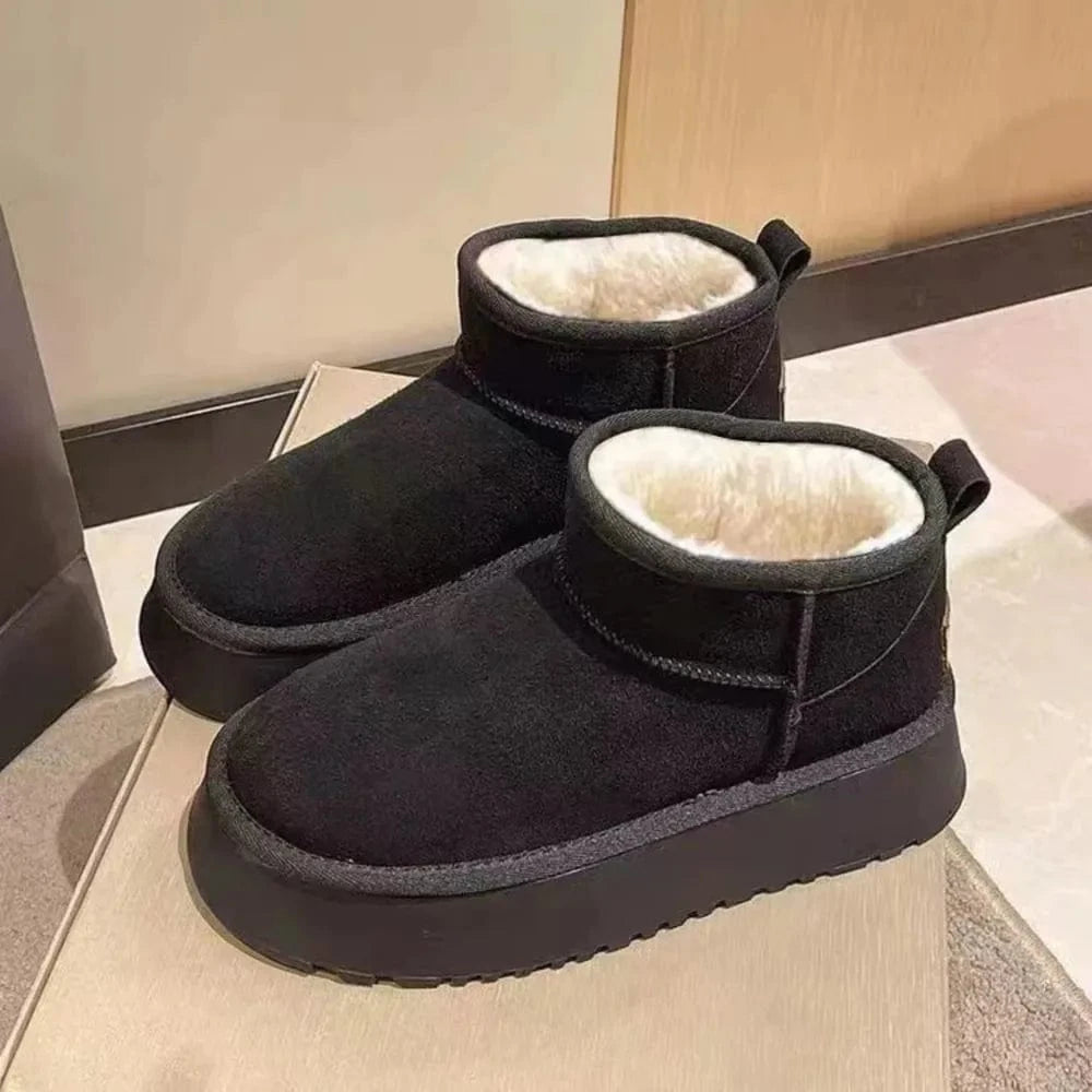 Fleece Lined Chunky Platform Mini Boots Black - Fashorio