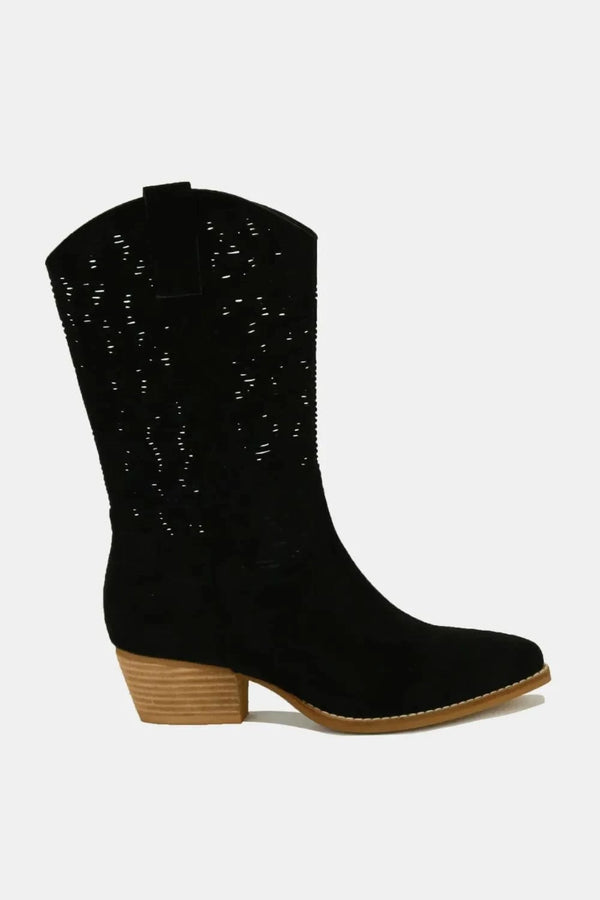 Beast Fashion Faux Suede Laser Cut Detail Block Heel Boots Black - Fashorio