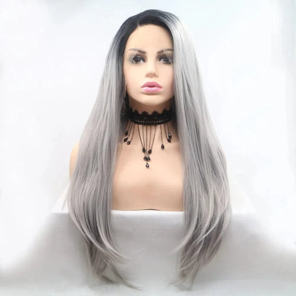 13*3" Lace Front Wigs Synthetic Long Straight 24" 130% Density Black Grey One Size - Fashorio