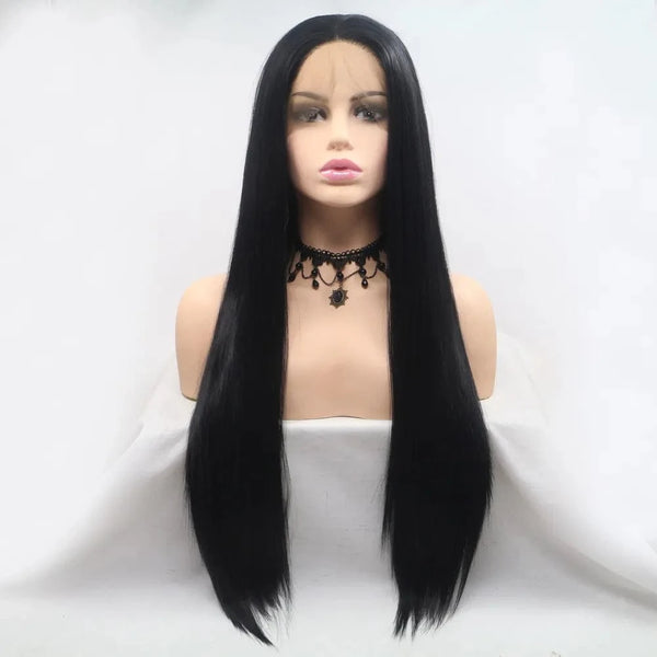 13*3" Lace Front Wigs Synthetic Long Straight 24" 130% Density Black One Size - Fashorio