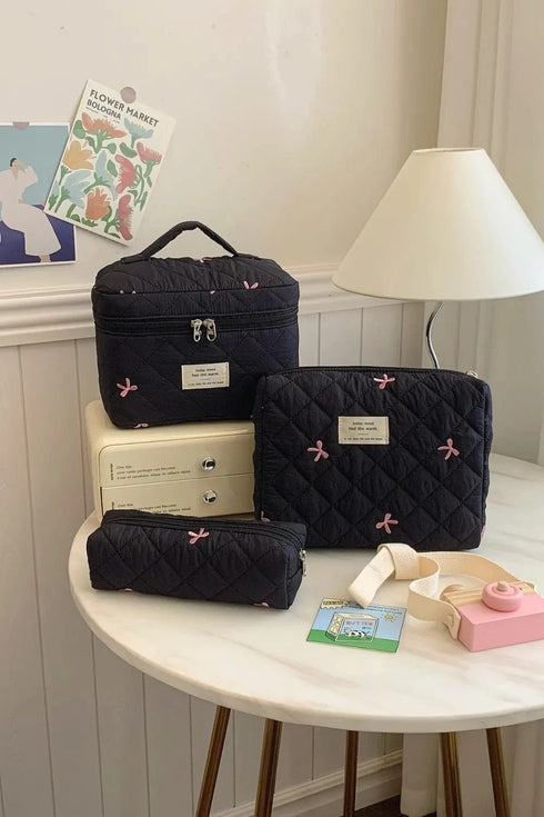 3 Piece Bow Quilted Cloth Storage Bag Set Black One Size - Fashorio