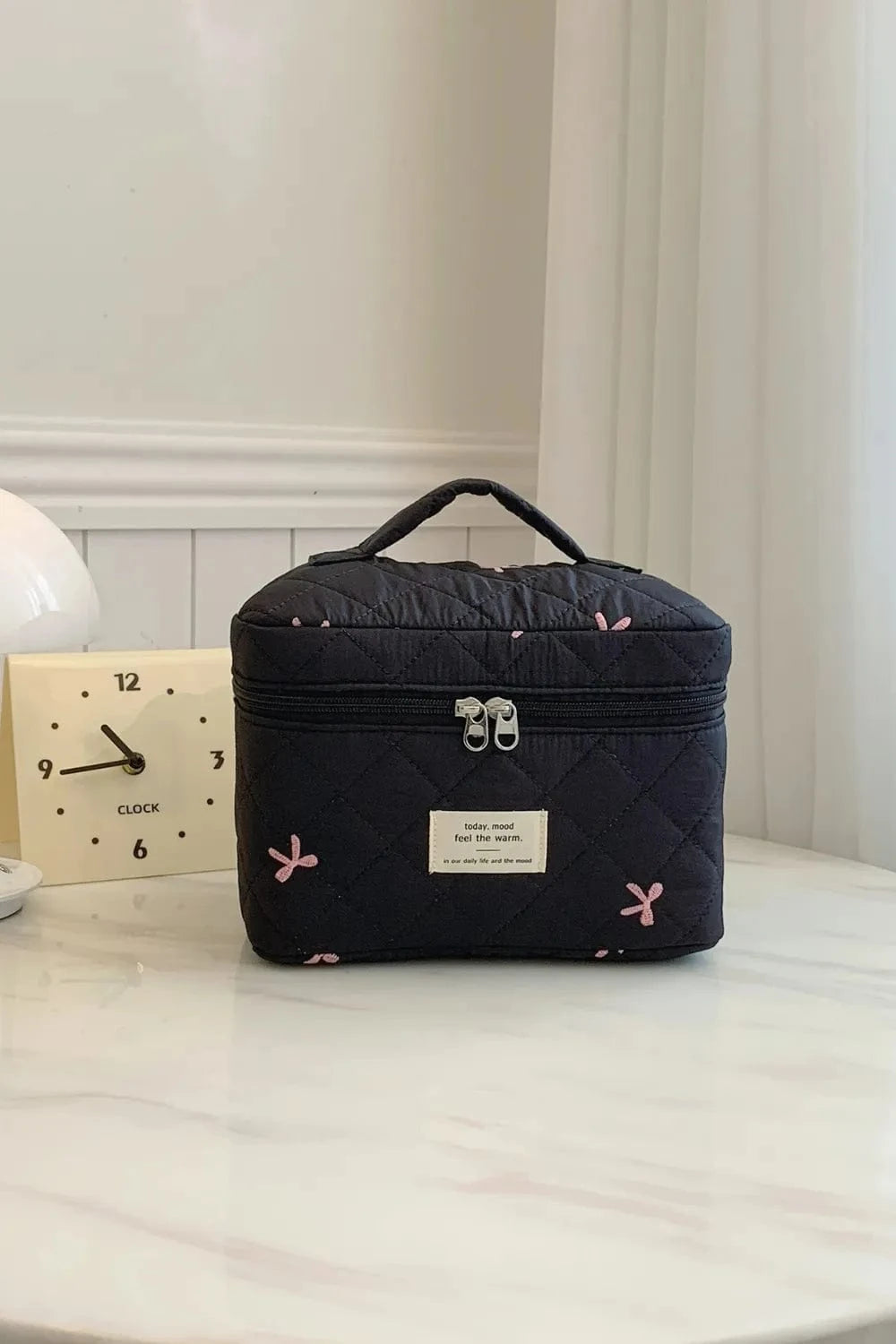Bow Embroidered Quilted Storage Bag with Zip Black One Size - Fashorio