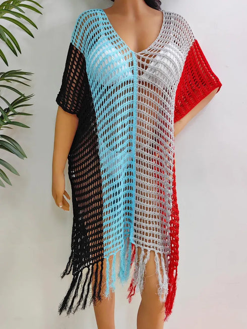 Fashorio Black / One Size Fringe Color Block Scoop Neck Cover Up