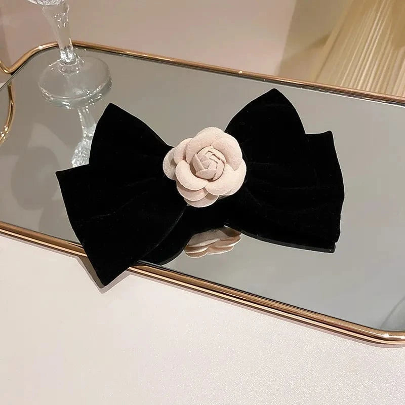 Rose Trim Bow Hair Clip Black One Size - Fashorio