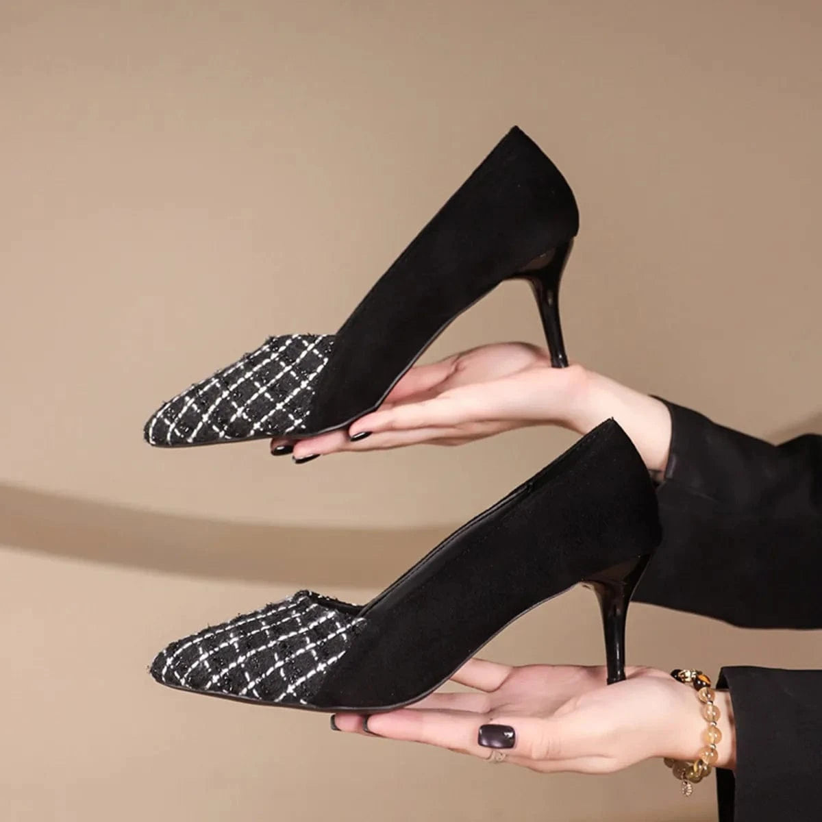 Point Toe Suede Pumps Black Plaid - Fashorio
