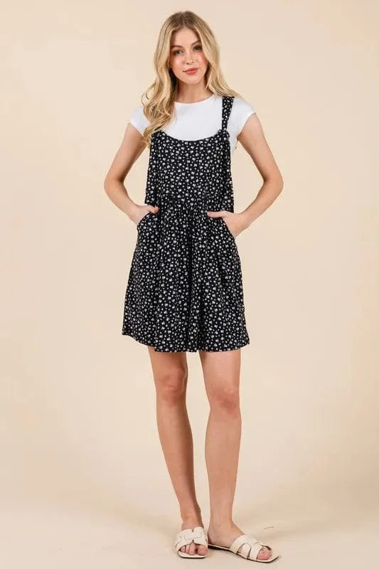 BOMBOM Floral Print Overalls with Pockets BLACK - Fashorio
