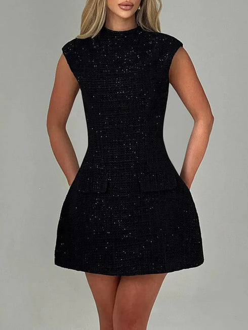 Fashorio Black / S Cutout Back Round Neck Cap Sleeve Mini Dress