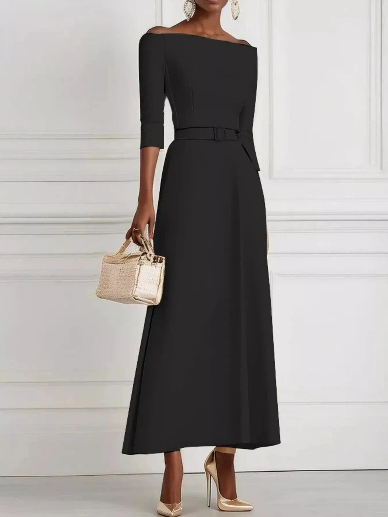 Elegant Off-Shoulder Belted Maxi Dress Black - Fashorio