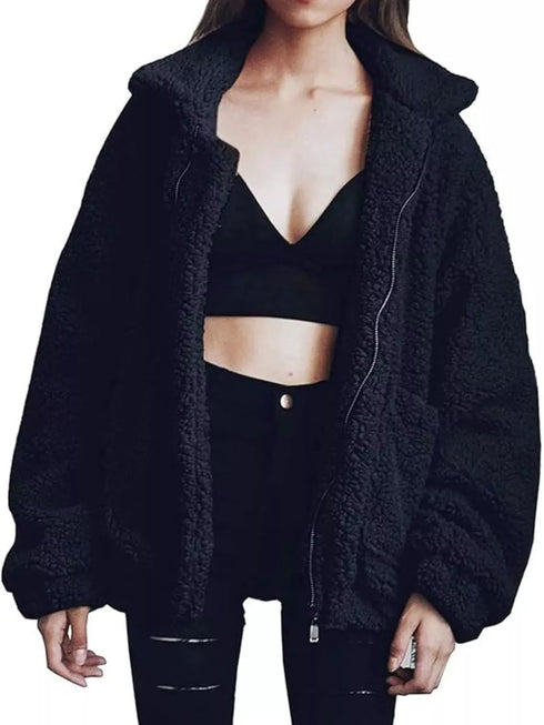 Fashorio Black / S Full Size Cozy Fleece Zip Up Jacket Plus Size