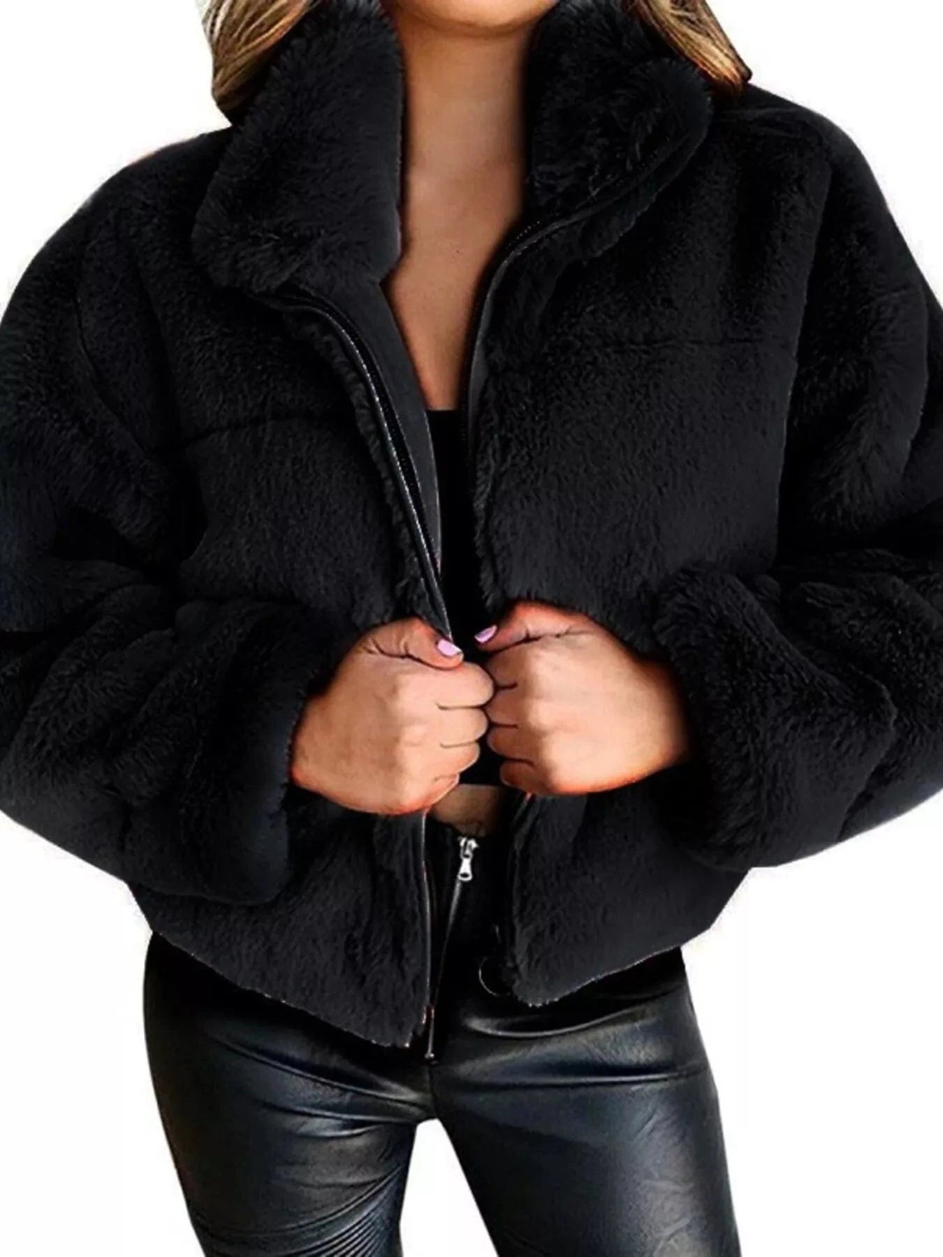 Full Size Faux Fur Cropped Zip-Up Jacket Plus Size Black - Fashorio