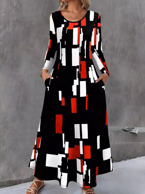 Fashorio Black / S Geometric Print Long Sleeve Maxi Dress