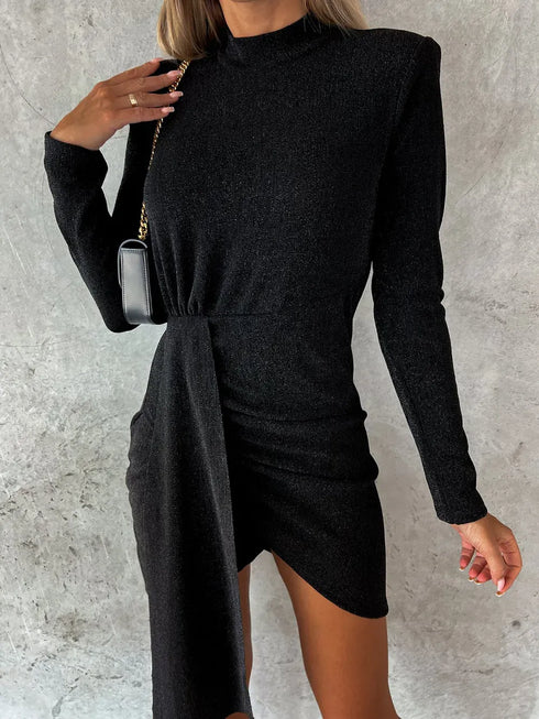 Fashorio Black / S Heathered Mock Neck Long Sleeve Mini Dress
