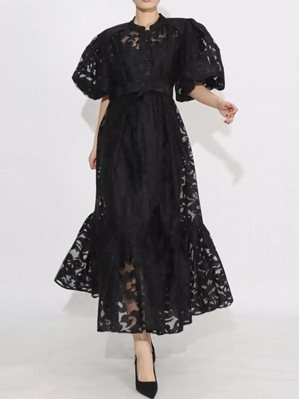 Fashorio Black / S Lace Puff Sleeve Tie Waist Maxi Dress