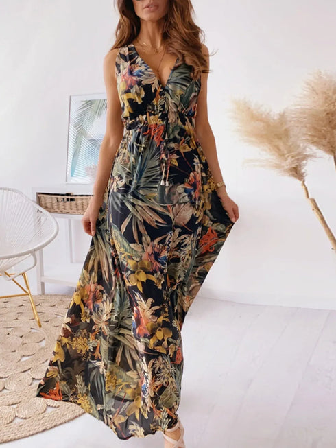 Fashorio Black / S Leaf Print Sleeveless Maxi Dress