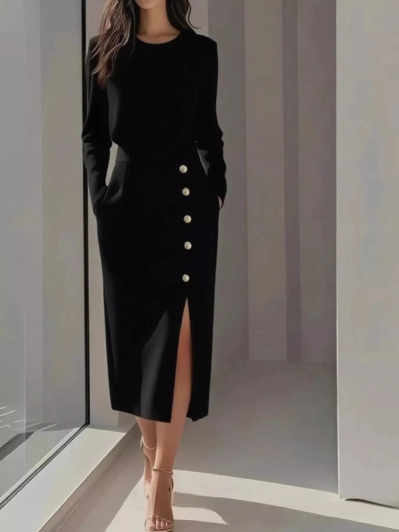 Long Sleeve Button Detail Midi Dress with Side Slit Black - Fashorio