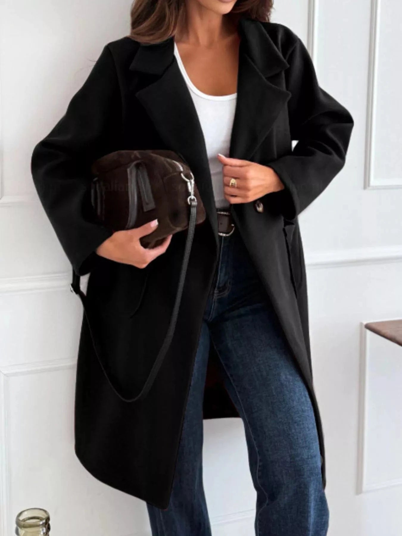 Long-Sleeve Single-Breasted Trench Coat Black - Fashorio