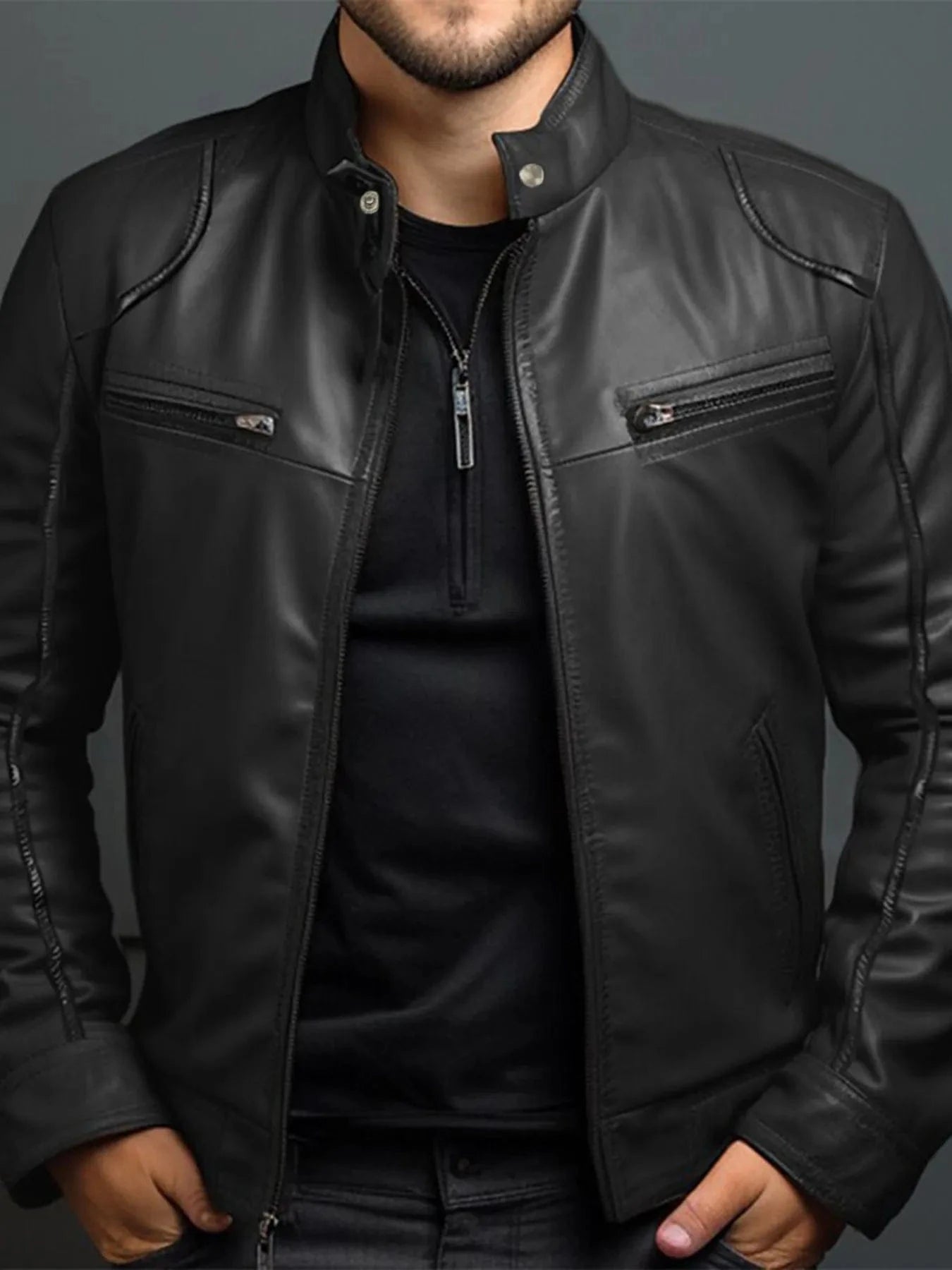 Men's Full Size Leather Motorcycle Jacket with Zipper Front Plus Size Black - Fashorio