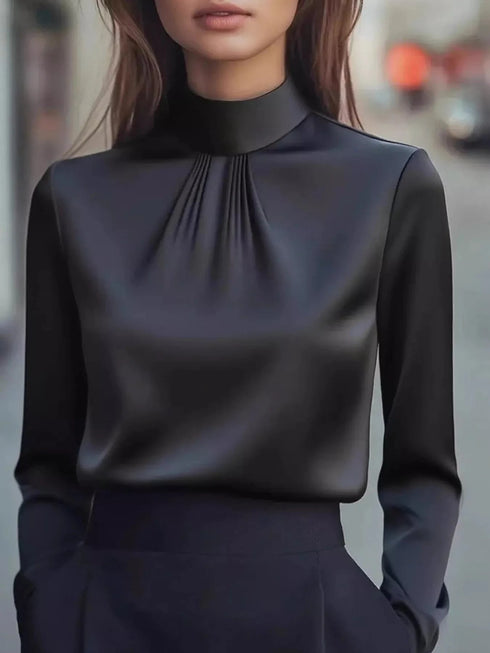 Mock Neck Long Sleeve Blouse with Pleated Detail Black - Fashorio