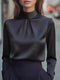 Mock Neck Long Sleeve Blouse with Pleated Detail Black - Fashorio