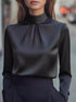 Mock Neck Long Sleeve Blouse with Pleated Detail Black - Fashorio