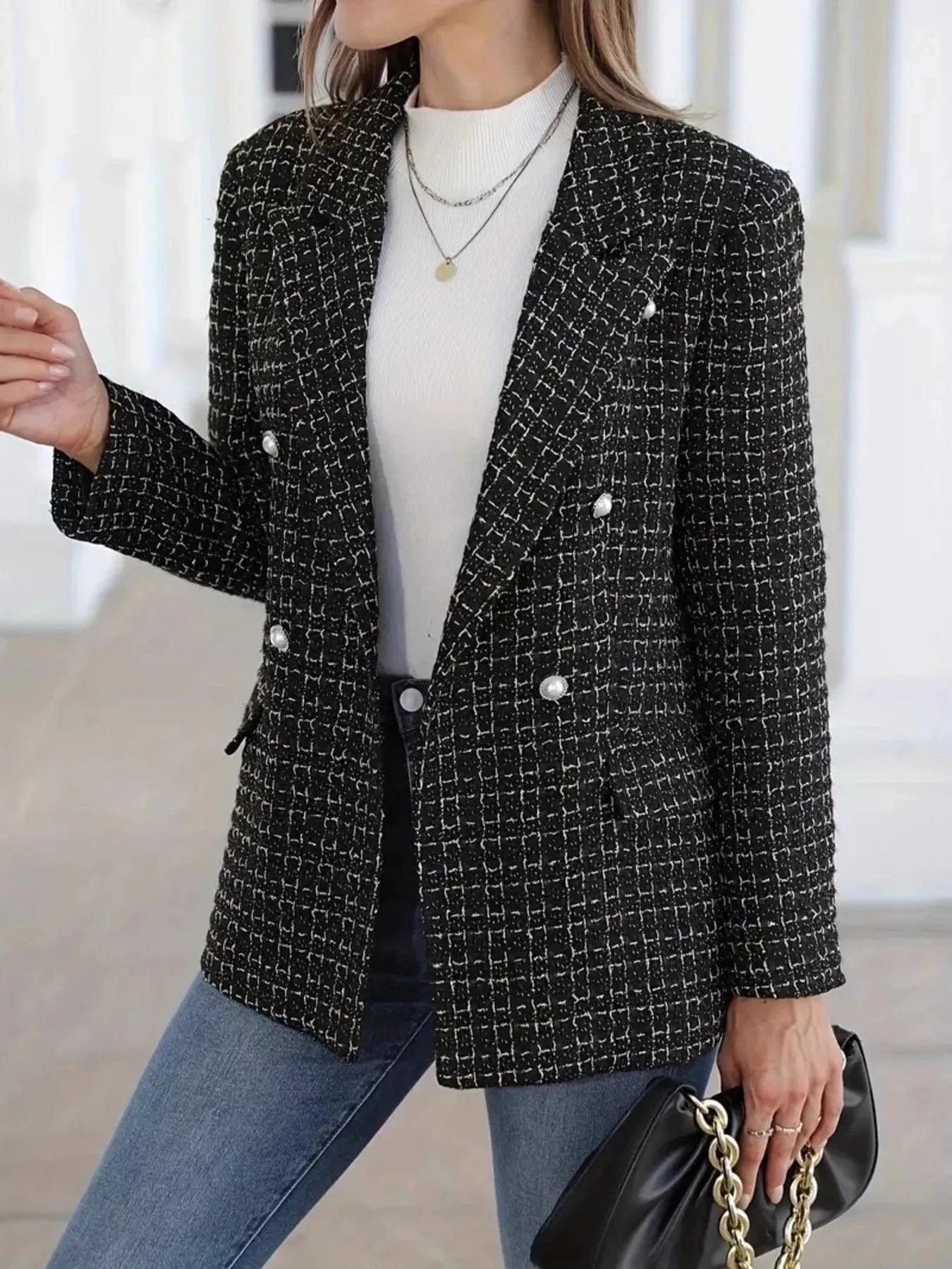 Plaid Double-Breasted Tweed Blazer Black - Fashorio