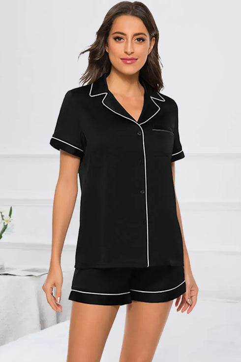 Fashorio Black / S Printed Button Up Short Sleeve Top and Shorts Lounge Set