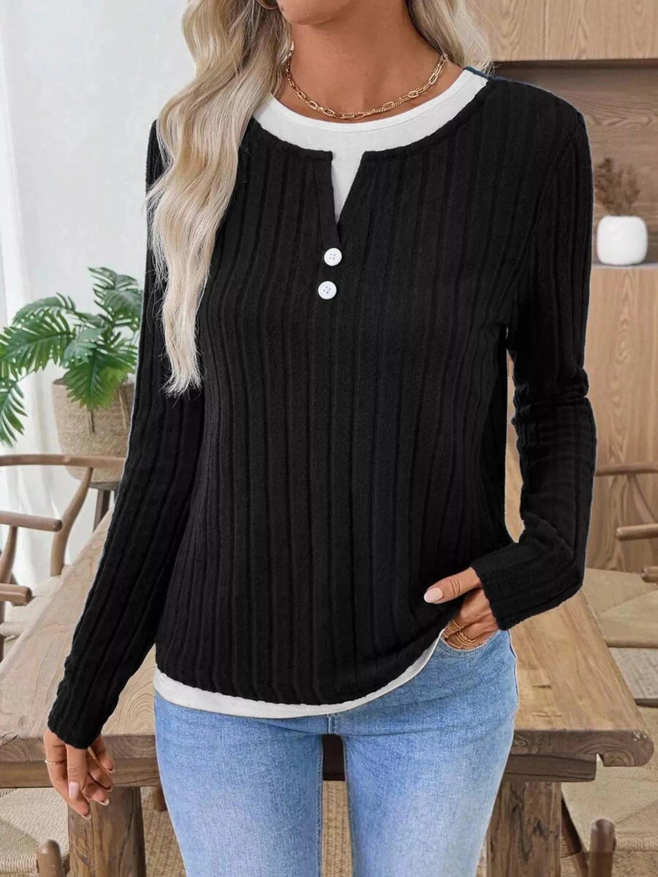 Ribbed Knit Button Detail Contrast Sweater Black - Fashorio