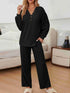 Fashorio Black / S Ribbed Knit Top and Pants Lounge Set with Button Detail