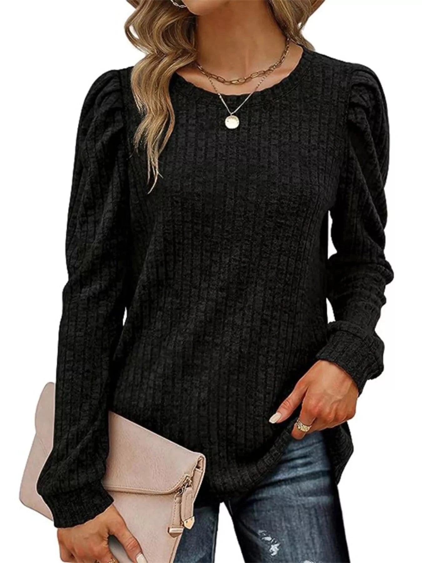 Ribbed Knit Top with Puff Sleeves Black - Fashorio