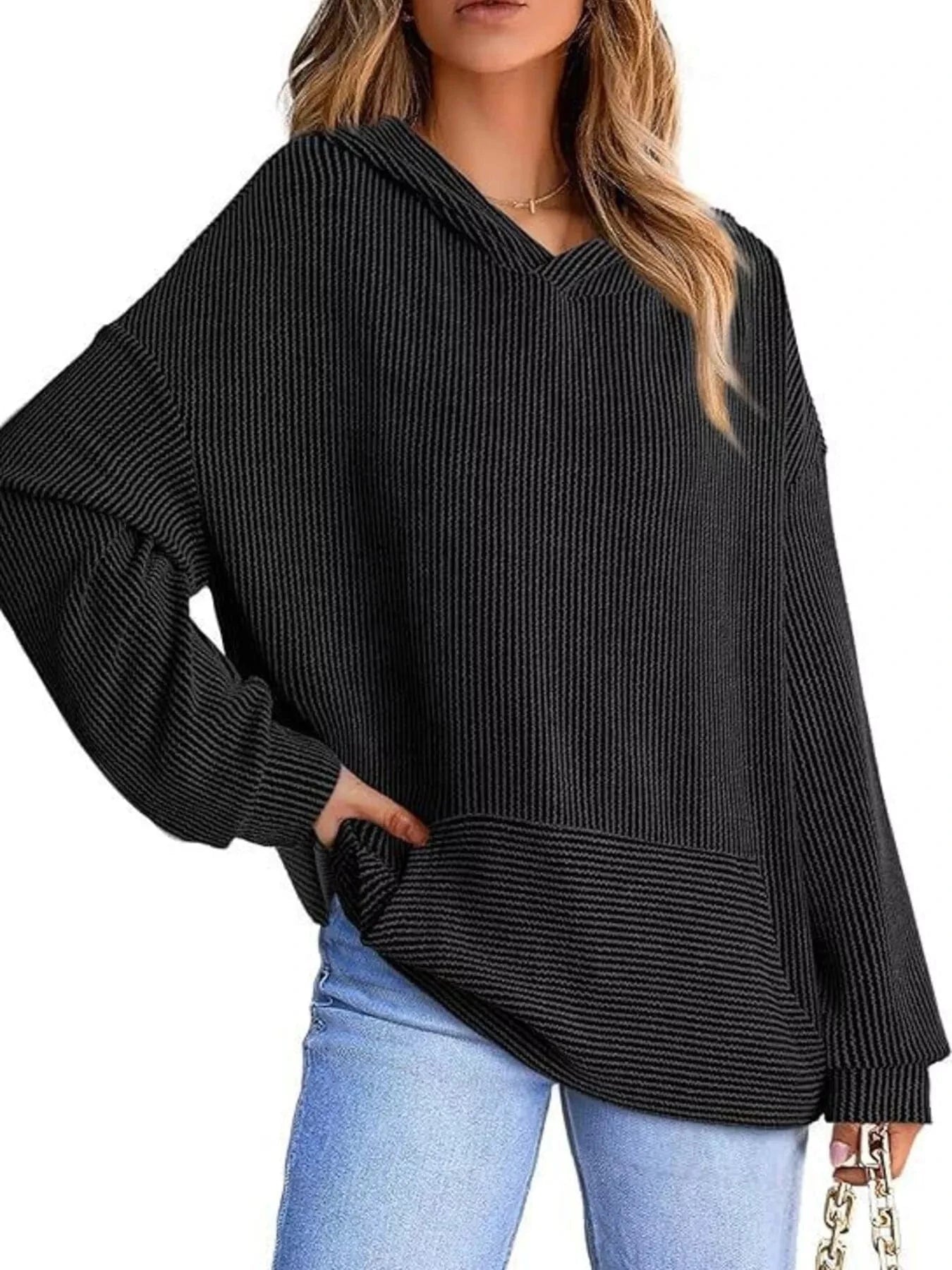 Ribbed Oversized Hoodie Sweatshirt with Pocket Black - Fashorio