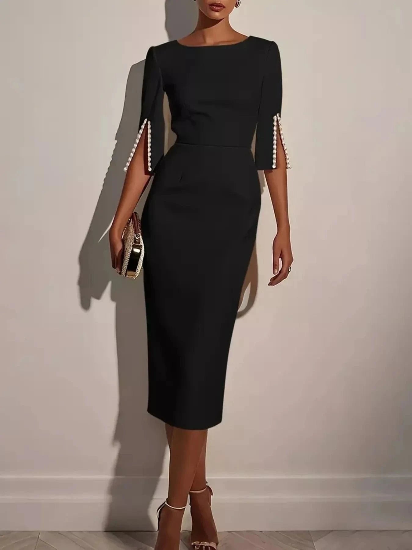 Slim-Fit Elegant Midi Dress with Beaded Slit Sleeve Black - Fashorio