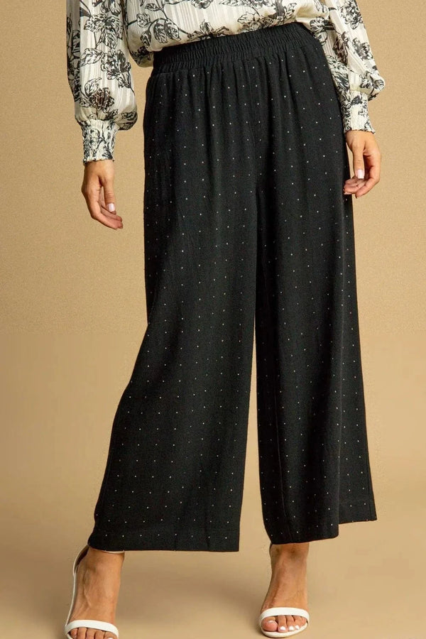 Umgee Full Size High Waisted Embellished Linen Pants Plus Size Black - Fashorio