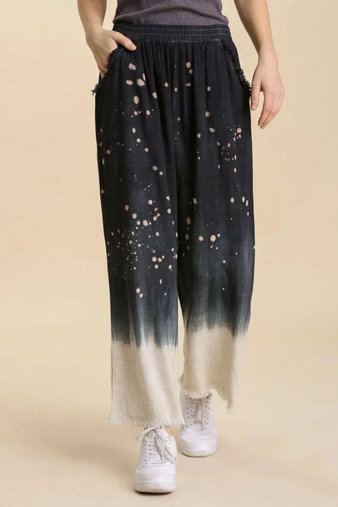 Umgee Full Size Raw Hem Linen Blend Bleach Dip Dye Wide Leg Pants Plus Size Black - Fashorio