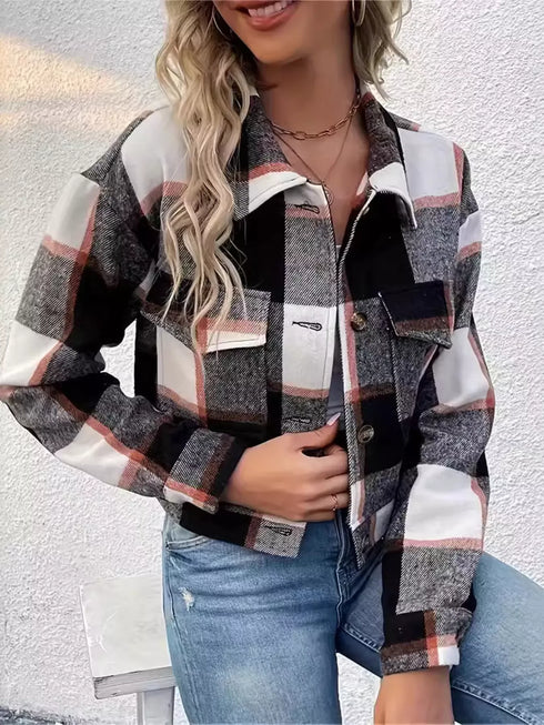 Fashorio Black/White / S Plaid Button-Down Crop Jacket