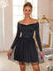 Fashorio Black / XS Pearl Trim Mesh Hem Off Shoulder Dress
