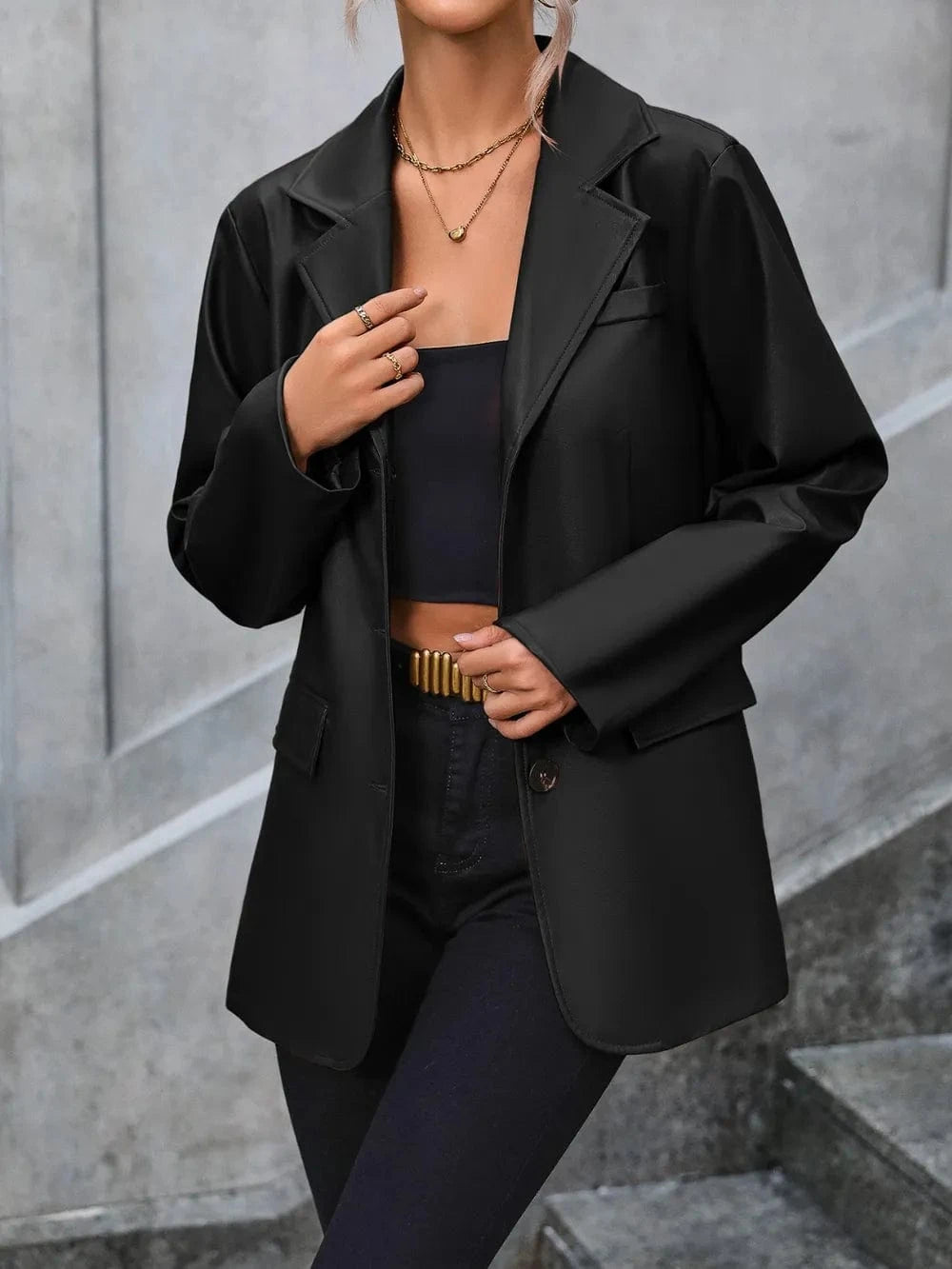 Ivy Lane Pocketed Button Up Collared Neck Blazer Black - Fashorio